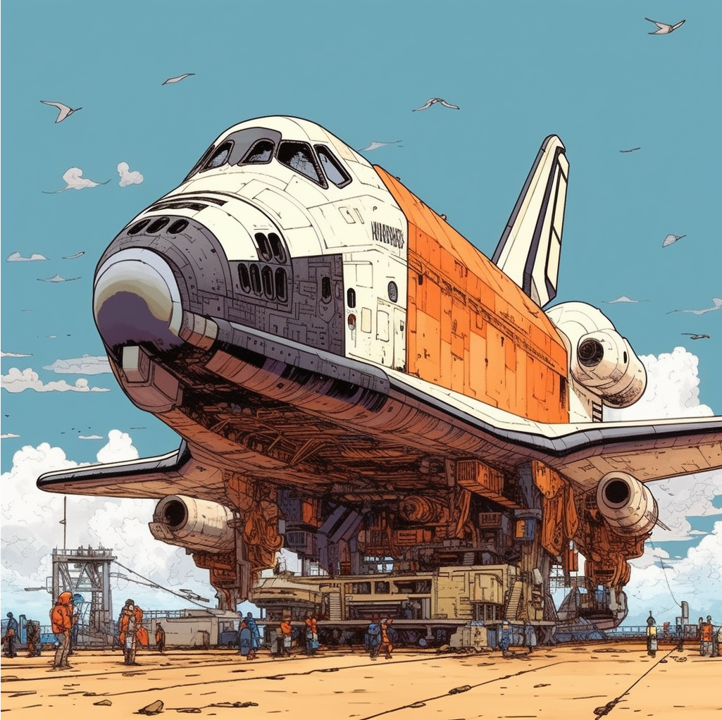 stylized image of a space shuttle being moved to the launch pad